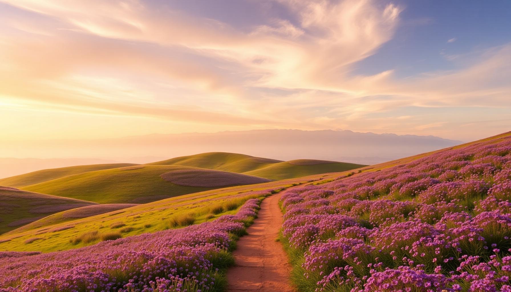 Scenic wildflower path winding through rolling hills at golden hour